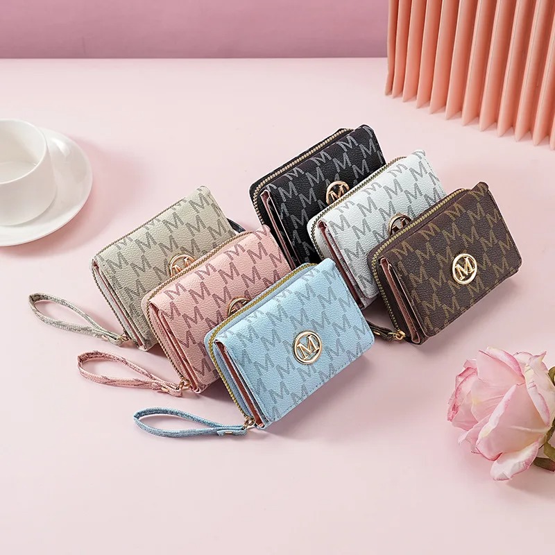 Sewing Zipper - 三つ折りジッパーウォレット、レターパターン入り、スタイリッシュなマルチカラーカードホルダーとリストストラップ付き、女性用のおしゃれな普段使い財布*