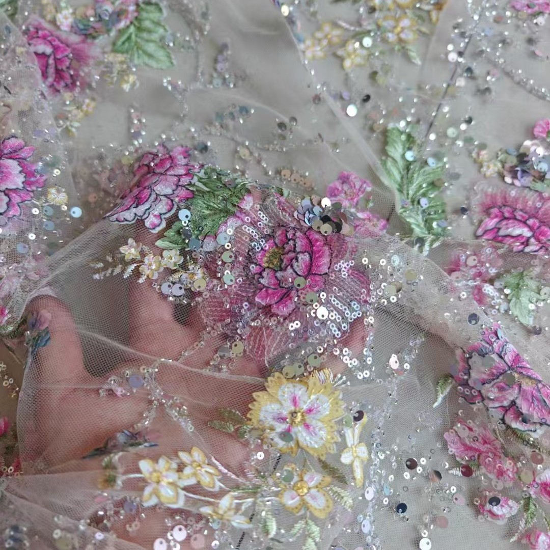 Textile For Sewing - 1 メートル 120 センチメートル幅高級ビーズレース生地 3D 刺繍スパンコールスプレー塗装ソフトチュールメッシュテキスタイルドレス作成用