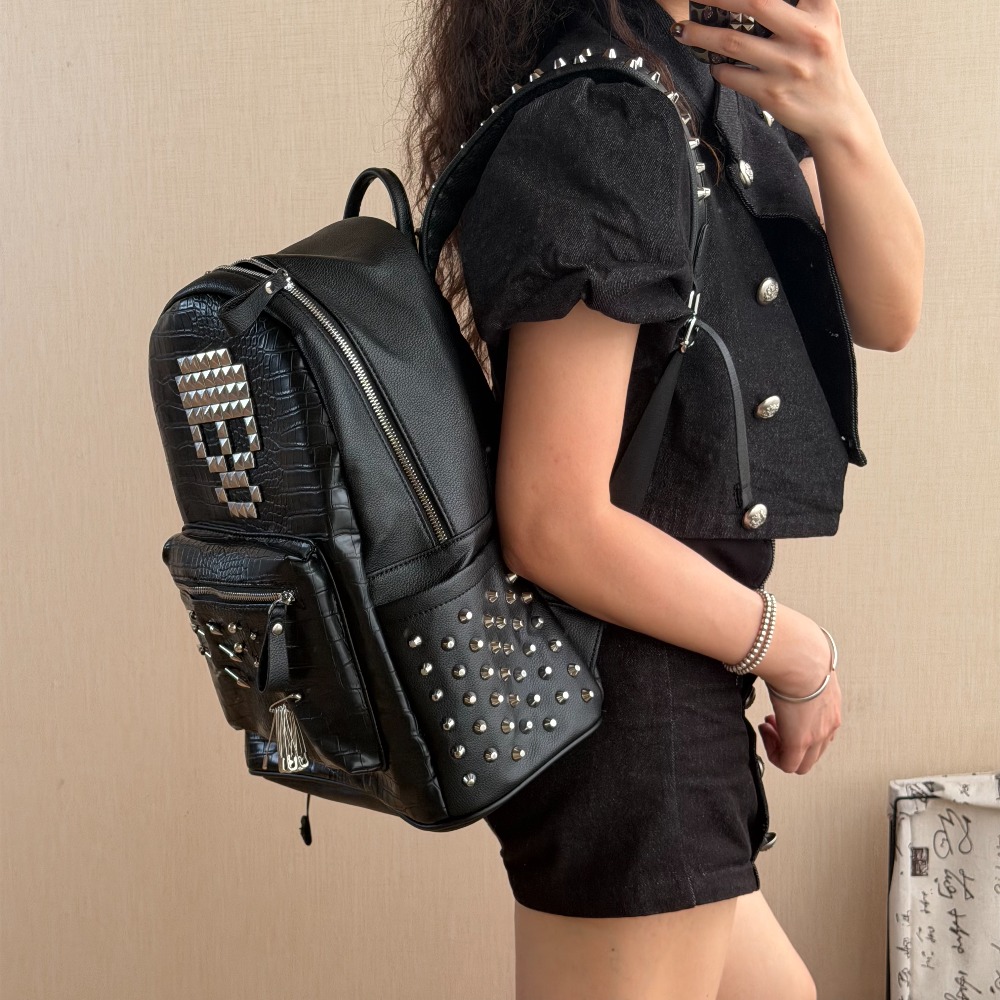 オリジナルブラッククロコダイルパターンスカルリベットバックパ - Sewing Zipper のレビューと価格