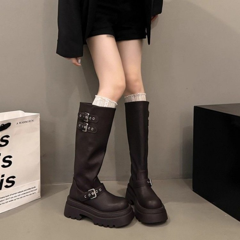 女性用チャンキープラットフォームニーハイブーツ、スムースマッ - Elastic Waistband Roll のレビューと価格