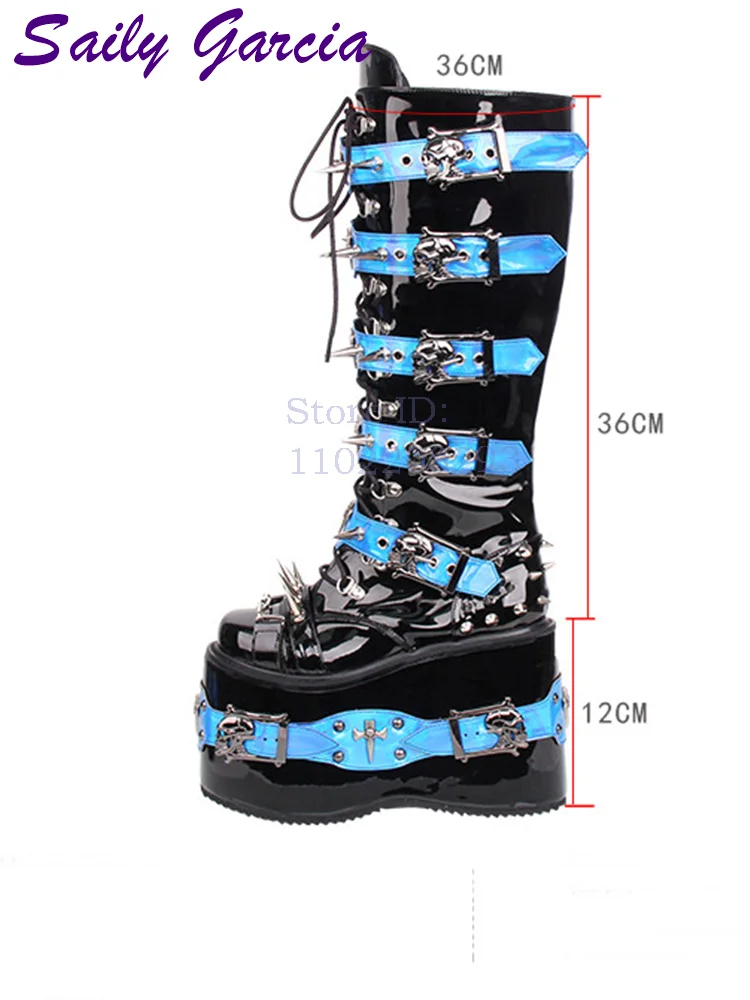 スカルリベットパンクニーハイブーツラウンドトゥパッチワークベ - Sewing Zipper のレビューと価格